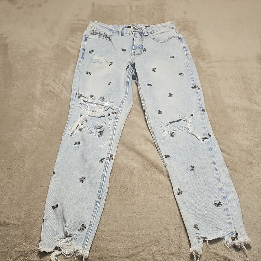 Material Girl Light Blue Straight Leg Jeans with Embroidery